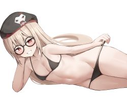 Rule 34 | 1girl, artist request, bare arms, bare shoulders, beret, bikini, black bikini, black hat, blonde hair, blush, breasts, bright pupils, cleavage, collarbone, commission, girls&#039; frontline, glasses, grin, groin, hat, head rest, highres, long hair, looking at viewer, lying, navel, on side, red eyes, round eyewear, second-party source, simple background, small breasts, smile, solo, stomach, strap pull, string bikini, swimsuit, thighs, type 80 (girls&#039; frontline), very long hair, white background