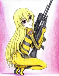Rule 34 | 10s, 1girl, ass, assault rifle, blonde hair, breasts, brown eyes, clothes writing, colored pencil (medium), english text, from side, full body, gradient background, gun, hair between eyes, heavy object, highres, long hair, looking at viewer, mariydi whitewitch, md5 mismatch, pink background, plugsuit, resolution mismatch, rifle, scope, skin tight, small breasts, solo, source larger, squatting, traditional media, very long hair, weapon, yozora takayama