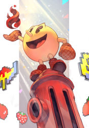 Rule 34 | 8-bit, black eyes, boots, fire, fire hydrant, food, fruit, gloves, hungry clicker, long nose, looking up, namco, nintendo, nose, open mouth, pac-man, pac-man (game), smile, solo, standing, strawberry, sunlight, super smash bros., tongue