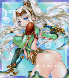Rule 34 | 1girl, artist name, ass, at classics, belt, blue eyes, breasts, cowboy shot, elf, from side, hair tubes, high ponytail, holding, holding weapon, large breasts, leotard, long hair, looking at viewer, open mouth, original, pointy ears, sample watermark, shoulder pads, sidelocks, solo, traditional media, watermark, weapon, white hair