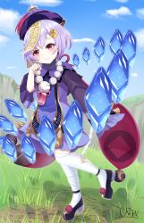 Rule 34 | 1girl, absurdres, bad id, bad pixiv id, bandaged leg, bandages, bead necklace, beads, black footwear, blue sky, blurry, braid, braided ponytail, cape, chinese clothes, cloud, cloudy sky, coin hair ornament, commentary request, depth of field, earrings, full body, genshin impact, grass, hair between eyes, hair ornament, hat, head tilt, highres, ice crystal, jewelry, jiangshi, konparu uran, long hair, long sleeves, looking at viewer, low ponytail, necklace, ofuda, ofuda on clothes, orb, paw pose, purple eyes, purple hair, qingdai guanmao, qiqi (genshin impact), shoes, sidelocks, single thighhigh, sky, sleeves past wrists, smile, solo, standing, standing on one leg, thighhighs, white thighhighs, wide sleeves, yin yang, yin yang orb, zettai ryouiki