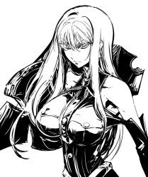 Rule 34 | 00s, 1girl, bare shoulders, breasts, female focus, greyscale, highres, impossible clothes, impossible shirt, ishida akira, lance, large breasts, long hair, military, military uniform, monochrome, polearm, selvaria bles, senjou no valkyria (series), senjou no valkyria 1, shirt, silver hair, solo, uniform, weapon