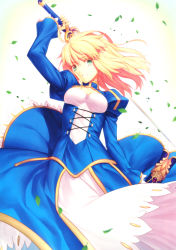Rule 34 | 1girl, absurdres, arm up, artoria pendragon (all), artoria pendragon (fate), blonde hair, breasts, cleavage, dress, excalibur (fate/stay night), fate/stay night, fate (series), floating hair, green eyes, hair between eyes, highres, holding, holding sword, holding weapon, long dress, long hair, long sleeves, medium breasts, parted lips, saber (fate), shrug (clothing), solo, standing, sword, takeuchi takashi, weapon, white background