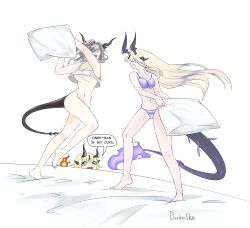 Rule 34 | 3girls, absurdres, arknights, artist name, blonde hair, blue eyes, bottomless, bra, breasts, cleavage, clenched teeth, cropped shirt, dankashu, dragon girl, dragon horns, dragon tail, eblana (arknights), flame-tipped tail, grey hair, grey tank top, highres, holding, holding pillow, horns, long hair, medium breasts, multiple girls, navel, open mouth, panties, pillow, pillow fight, purple bra, purple panties, reed (arknights), short hair, siblings, simple background, sisters, stomach, tail, talulah (arknights), tank top, teeth, underboob, underwear, upper teeth only, white background
