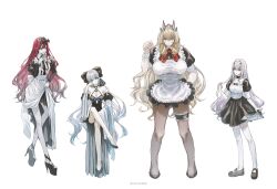 4girls absurdres alternate_costume apron baobhan_sith_(fate) barghest_(fate) black_skirt blonde_hair blue_eyes blush breasts cleavage crossed_legs enmaided eunchanlily fate/grand_order fate_(series) green_eyes grey_eyes hair_ornament hair_ribbon hand_up heterochromia high_heels highres large_breasts long_hair looking_at_viewer maid maid_apron medium_breasts melusine_(fate) morgan_le_fay_(fate) multiple_girls pink_hair platform_footwear platform_heels pointy_ears red_eyes ribbon sidelocks sitting skirt small_breasts smile thighhighs white_background white_hair white_thighhighs yellow_eyes