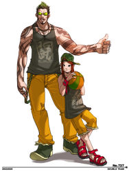 Rule 34 | 1boy, 1girl, basketball, child, falcoon, hat, sandals, sunglasses, tattoo, thumbs up