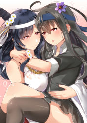 Rule 34 | 10s, 2girls, bad id, bad pixiv id, black hair, black legwear, blush, breasts, carrying, daisy, detached sleeves, epaulettes, floral print, flower, fusou (kancolle), hair flower, hair ornament, hatsushimo (kancolle), headband, headgear, jacket, japanese clothes, juurouta, kantai collection, large breasts, long hair, looking at another, low-tied long hair, md5 mismatch, multiple girls, nontraditional miko, open mouth, pleated skirt, princess carry, red eyes, remodel (kantai collection), school uniform, short hair, single thighhigh, skirt, smile, thighhighs, yamashiro (kancolle), yuri