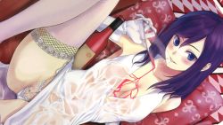 Rule 34 | 1girl, alcohol, blue eyes, blush, bottle, breasts, cleavage, cropped, cup, dress, drinking glass, elbow gloves, gloves, highres, long hair, lying, medium breasts, open clothes, original, panties, purple hair, reversed, rotated, see-through, solo, thighhighs, third-party edit, underwear, wallpaper, wet, wet clothes, white gloves, white thighhighs, wine, wine glass, yuunagi (seventh heaven)