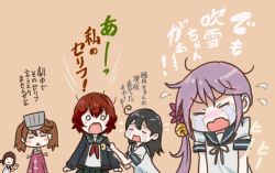 Rule 34 | 10s, 5girls, :&gt;, ahoge, akebono (kancolle), bell, black hair, brown hair, clothes grab, comic, commentary request, crescent, crescent moon, crescent pin, crying, closed eyes, flower, fubuki (kancolle), hair bell, hair flower, hair ornament, jacket, japanese clothes, kantai collection, kariginu, long hair, long sleeves, low ponytail, moon, multiple girls, mutsuki (kancolle), neckerchief, open mouth, orange background, purple hair, remodel (kantai collection), ryuujou (kancolle), saiguchi otoufu, school uniform, serafuku, short hair, short sleeves, side ponytail, sleeve grab, smile, spoilers, streaming tears, tears, translation request, triangle mouth, twintails, ushio (kancolle), v, vest, visor cap