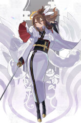 Rule 34 | 1girl, black gloves, brown hair, commentary request, falken (yutozin), feather hair ornament, feathers, fingerless gloves, full body, gloves, hair ornament, halo, highres, holding, holding sword, holding weapon, japanese clothes, katana, kimono, long hair, long sleeves, looking at viewer, obi, original, ponytail, sash, smile, solo, standing, sword, weapon, white kimono, wide sleeves