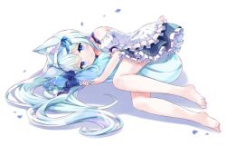 Rule 34 | 1boy, absurdres, amimi, animal ears, bare legs, bare shoulders, barefoot, between legs, blue eyes, blue hair, blue skirt, fox boy, fox ears, fox tail, frilled skirt, frills, highres, holding own tail, hugging own tail, hugging tail, indie virtual youtuber, light blue hair, long hair, looking at viewer, lying, miniskirt, off-shoulder shirt, off shoulder, on side, puffy short sleeves, puffy sleeves, rucie (vtuber), second-party source, shirt, short sleeves, simple background, skirt, tail, tail between legs, trap, very long hair, virtual youtuber, white background, white shirt