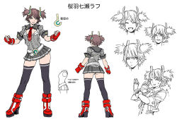 Rule 34 | 1girl, belt, black thighhighs, boots, breasts, brown eyes, brown hair, character sheet, clenched hands, contrapposto, diva coliseum, expressions, fingerless gloves, flat color, gloves, hair ornament, miniskirt, necktie, original, sakuraba nanase, short twintails, skirt, sleeves rolled up, small breasts, solo, thighhighs, translation request, twintails, yamashita shun&#039;ya