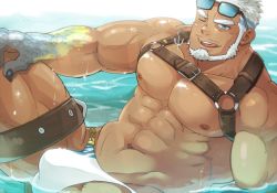 Rule 34 | 1boy, abs, aegir (housamo), aegir (swimsuit) (housamo), bara, beard, belt, blue eyes, bulge, chest harness, dark-skinned male, dark skin, facial hair, harness, large pectorals, licking lips, looking at viewer, male focus, manly, muscular, nipples, pectorals, short hair, smile, solo, suv (suv032), thick thighs, thighs, tokyo houkago summoners, tongue, tongue out, topless male, water, wet, white hair