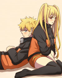 Rule 34 | 1boy, 1girl, arms between legs, back-to-back, black jacket, black thighhighs, blonde hair, blue eyes, blush, bored, breasts, closed mouth, dual persona, facial mark, forehead protector, from side, genderswap, genderswap (mtf), half-closed eyes, hands between legs, jacket, kokoro (soratai), konohagakure symbol, large breasts, leaning back, long hair, long sleeves, looking at viewer, lying, messy hair, multicolored clothes, multicolored jacket, naruko (naruto), naruto, naruto (series), naruto shippuuden, orange jacket, orange shorts, parted lips, reclining, red eyes, shadow, short hair, shorts, simple background, sitting, sitting together, thighhighs, twintails, upper body, uzumaki naruto, very long hair, wariza, whisker markings, whiskers, zipper