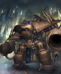 Rule 34 | arm cannon, artist request, building, chest cannon, cityscape, cloud, cloudy sky, cygames, emblem, glowing, mecha, megaera the indignant, no humans, official art, pelvic curtain, robot, shadowverse, size difference, sky, skyscraper, tube, weapon