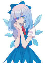Rule 34 | 1girl, absurdres, aged up, blue bow, blue dress, blue eyes, blue hair, bow, cirno, collared shirt, cowboy shot, detached wings, dress, hair between eyes, hair bow, head tilt, highres, interlocked fingers, medium hair, neck ribbon, own hands together, pinafore dress, red ribbon, ribbon, shirt, shocho (shaojiujiu), short sleeves, simple background, sleeveless, sleeveless dress, solo, touhou, white background, white shirt, wings