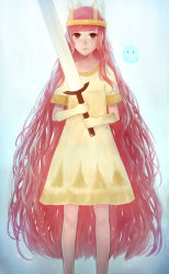 Rule 34 | 1girl, child of light (game), crown, dress, gloves, highres, igniculus, long hair, pink eyes, pink hair, princess aurora, sakimori (hououbds), solo, sword, very long hair, weapon