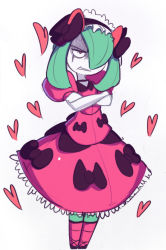 Rule 34 | 1boy, angry, creatures (company), crossdressing, crossed arms, dress, game freak, gen 3 pokemon, hair ornament, hairband, heart, kirlia, legs, male focus, nintendo, pink dress, pink legwear, pokemon, pokemon (creature), scowl, sho-n-d, simple background, solo, trap, white background