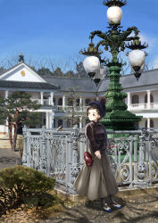 Rule 34 | 1girl, absurdres, bad id, bad pixiv id, bag, bird, black hat, black legwear, blue sky, blurry, brown hair, brown shirt, building, bush, buttons, closed mouth, cloud, commentary request, day, depth of field, earrings, fence, full body, green eyes, grey skirt, handbag, hat, highres, house, jewelry, lamppost, leaning back, long skirt, long sleeves, looking at animal, looking to the side, original, outdoors, own hands together, railing, rainycity, rock, scenery, shirt, shoes, short hair, skirt, sky, smile, solo, standing, starling, tree, white footwear