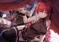 Rule 34 | 1girl, absurdres, armpits, backlighting, bare shoulders, bed, belt, black thighhighs, bodysuit, bondage outfit, breasts, canopy bed, cleavage, coat, collarbone, harness, heterochromia, highres, hololive, houshou marine, key, large breasts, long hair, looking at viewer, lying, multiple belts, nyan (reinyan 007), on bed, on side, reclining, red eyes, red hair, see-through, see-through cleavage, skindentation, smile, solo, thick thighs, thighhighs, thighs, unworn coat, virtual youtuber, wrist cuffs, yellow eyes