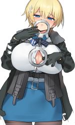 Rule 34 | 1girl, belt, black gloves, black jacket, black pantyhose, blonde hair, blue belt, blue skirt, blush, bow, bowtie, breasts, button gap, cleavage, closed mouth, collared shirt, cuffs, dress shirt, girls&#039; frontline, gloves, hair between eyes, hair ornament, handcuffs, highres, holding, holding handcuffs, jacket, large breasts, miniskirt, mole, mole under eye, ndgd, open clothes, open jacket, paizuri invitation, pantyhose, pink lips, sexually suggestive, shirt, shirt tucked in, short hair, skirt, snowflake hair ornament, striped bow, striped bowtie, striped clothes, striped neckwear, vsk-94 (girls&#039; frontline), white shirt