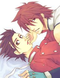 Rule 34 | 00s, 2boys, age difference, akagi haruna, alternate costume, brown eyes, brown hair, father and son, fingerless gloves, gloves, kratos aurion, lloyd irving, male focus, multiple boys, red eyes, red hair, short hair, tales of (series), tales of symphonia