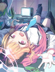 Rule 34 | 2girls, animal ear headphones, animal ears, arms up, black skirt, black thighhighs, blonde hair, blue archive, blue necktie, blush, bow, cat ear headphones, collared shirt, controller, fake animal ears, frilled skirt, frills, game controller, halo, headphones, highres, indoors, jacket, kamatama, long sleeves, looking at viewer, lying, midori (blue archive), momoi (blue archive), multiple girls, necktie, on back, open mouth, pink eyes, rabbit ears antenna, red bow, shirt, short hair, siblings, sisters, skirt, solo focus, suspenders, television, thighhighs, twins, white jacket, white shirt