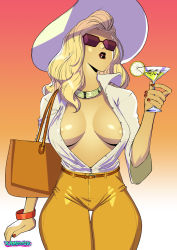 Rule 34 | 1girl, areola slip, artist name, bag, belt, blonde hair, bracelet, breasts, cleavage, cocktail, cocktail glass, collared shirt, cup, drinking glass, female focus, fingernails, gradient background, handbag, hat, jewelry, lipstick, long hair, looking to the side, makeup, multicolored background, nail polish, necklace, purple-tinted eyewear, purple-tinted glasses, red nails, shirt, simple background, solo, sunglasses, tagme, tinted eyewear, unbuttoned, unbuttoned shirt, white shirt, xamrock, yellow legwear