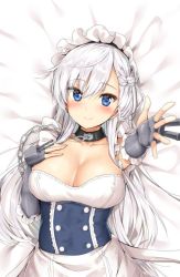 Rule 34 | 1girl, azur lane, b-ginga, bed sheet, belfast (azur lane), black gloves, blue eyes, blush, braid, breasts, chain, cleavage, closed mouth, collar, collarbone, corset, dress, elbow gloves, fingerless gloves, french braid, from above, gloves, hand on own chest, large breasts, long hair, looking at viewer, lying, maid headdress, on back, on bed, outstretched arm, reaching, reaching towards viewer, silver hair, sleeveless, sleeveless dress, smile, solo, tareme, turret, upper body, very long hair, white dress
