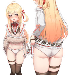 Rule 34 | 1girl, ahoge, ass, black thighhighs, blonde hair, blush, bow, bow panties, clothes lift, dress, eighth note, fortissimo, frilled dress, frills, hair bow, hair ornament, highres, hololive, hololive dev is, kamuchin soda, lifting own clothes, long hair, multiple views, musical note, musical note hair ornament, open mouth, otonose kanade, panties, plaid, plaid dress, red bow, red eyes, skirt, skirt lift, solo, straight hair, thigh strap, thighhighs, thighs, underwear, virtual youtuber, white panties