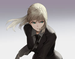 Rule 34 | 1girl, absurdres, ahoge, artoria pendragon (all), artoria pendragon (fate), black gloves, black jacket, black necktie, blonde hair, clenched teeth, collared shirt, cotta (heleif), fate/zero, fate (series), formal, gloves, green eyes, grey shirt, highres, jacket, leaning forward, looking to the side, necktie, ponytail, saber (fate), shirt, short hair, solo, suit, teeth, upper body