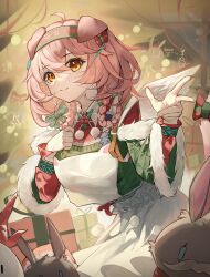 Rule 34 | 1girl, absurdres, animal ears, apron, arknights, black bracelet, bow, box, braid, cat ears, cat girl, christmas, christmas tree, floppy ears, floral print, flower, gift, gift box, goldenglow (arknights), goldenglow (maiden for the bright night) (arknights), green bow, green hairband, green sweater, hair between eyes, hairband, hands up, highres, infection monitor (arknights), light blush, long hair, long sleeves, looking at viewer, official alternate costume, pink hair, poinsettia, print hairband, rabbit, red hairband, smile, solo, sweater, two-tone hairband, white apron, yamasede neiko, yellow eyes