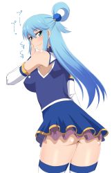 Rule 34 | 1girl, aqua (konosuba), artist request, ass, blue eyes, blue hair, bottomless, breasts, covered erect nipples, female focus, highres, kono subarashii sekai ni shukufuku wo!, large breasts, long hair, looking at viewer, looking back, shiny skin, simple background, solo, source request, thighhighs, white background, white thighhighs