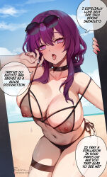 Rule 34 | 1girl, beach, bikini, black bikini, black choker, breasts, choker, collarbone, commentary, covered erect nipples, day, english commentary, english text, eyewear on head, foxyreine, highres, honkai: star rail, honkai (series), kafka (honkai: star rail), large breasts, leaning forward, long hair, looking at viewer, nail polish, navel, nipples, open mouth, patreon username, pink nails, pov, purple eyes, purple hair, see-through, side-tie bikini bottom, signature, smile, solo, speech bubble, sunglasses, swimsuit, thigh strap, tongue, tongue out, variant set