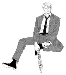 Rule 34 | 1boy, collared shirt, formal, full body, greyscale, highres, holding, holding knife, holding weapon, jujutsu kaisen, knife, long sleeves, male focus, monochrome, nanami kento, necktie, pants, pinstripe jacket, pinstripe pants, pinstripe pattern, pinstripe suit, polka dot necktie, shirt, shoes, short hair, solo, suit, sumio (smosmo), weapon