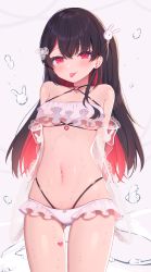 Rule 34 | 1girl, :p, arms behind back, bare shoulders, bikini, black hair, breasts, closed mouth, cowboy shot, earrings, frilled bikini, frills, gluteal fold, hair ornament, heart, heart earrings, highres, jewelry, layered bikini, looking at viewer, multicolored hair, navel, original, rabbit hair ornament, red eyes, red hair, roin, see-through, simple background, small breasts, smile, stomach, swimsuit, tongue, tongue out, two-tone hair, underboob, water, water drop, wet, white background, white bikini