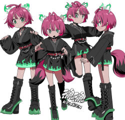 Rule 34 | 1girl, absurdres, antenna hair, belt, black footwear, black nails, boots, character name, character profile, choker, cross-laced footwear, earrings, facial mark, female focus, fox tail, from side, gradient hair, green eyes, high heel boots, high heels, highres, hyow, japanese clothes, jewelry, knee boots, multicolored hair, multiple tails, open mouth, original, pink hair, profile, short hair, simple background, sleeves past wrists, solo, standing, tail, whisker markings, white background