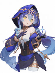 Rule 34 | 1girl, bare shoulders, black corset, blue hair, blue hood, bodysuit, breasts, brown corset, corset, detached sleeves, drill hair, drill sidelocks, genshin impact, gloves, gold trim, gradient hair, hair between eyes, hand on own chest, hands up, highres, hood, jewelry, layla (genshin impact), long hair, long sleeves, looking at viewer, medium breasts, multicolored hair, neck ring, open mouth, pointy ears, puffy detached sleeves, puffy long sleeves, puffy sleeves, purple gloves, purple hair, purple skirt, sidelocks, simple background, skirt, solo, sparkle, standing, star (symbol), twintails, vsmile, white background, white bodysuit, yellow eyes
