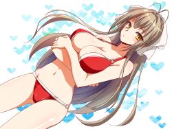 Rule 34 | 10s, 1girl, ahoge, amagi brilliant park, antenna hair, bad id, bad pixiv id, bare shoulders, barefoot, bikini, blush, bow, breast hold, breasts, brown hair, cleavage, crossed arms, female focus, groin, gyullmat, hair bow, hair ribbon, heart, heart background, large breasts, long hair, looking at viewer, navel, o-ring, o-ring bikini, o-ring bottom, o-ring top, parted lips, ponytail, red bikini, ribbon, sento isuzu, shiny skin, solo, standing, swimsuit, thighs, yellow eyes