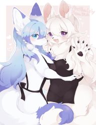 Rule 34 | 2girls, animal ear fluff, animal ears, apron, ass, black apron, blue eyes, blue hair, breast press, breasts, cleavage, face-to-face, fang, fox ears, fox girl, fox tail, furry, furry female, highres, hoshimiii mi, intertwined tails, long hair, looking at viewer, multiple girls, naked apron, open mouth, original, pink eyes, smile, symmetrical docking, tail, waving, white hair, yuri