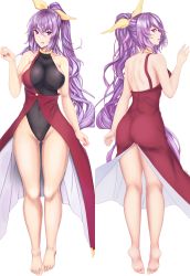 Rule 34 | 1girl, absurdres, backless leotard, bare legs, barefoot, black leotard, breasts, buttons, commentary request, commission, dakimakura (medium), dress, dual persona, highres, kneepits, large breasts, leotard, long dress, long hair, looking at viewer, open clothes, open dress, pinafore dress, pixiv commission, ponytail, purple eyes, purple hair, red dress, red eyes, simple background, single strap, sleeveless, sleeveless dress, solo, tk31, touhou, transparent background, very long hair, watatsuki no yorihime, white background