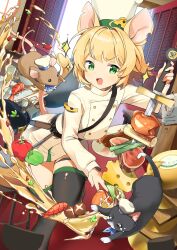 Rule 34 | 1girl, animal, animal ears, bell pepper, belt, blonde hair, cat, cheese, chef, chef hat, cooking, crop top, food, frying pan, green eyes, hat, highres, holding, holding sword, holding weapon, indoors, long sleeves, mearyo, meat, mouse (animal), mouse ears, mouse girl, mouse tail, mushroom, open mouth, open window, original, pepper, short hair, shrimp, skirt, smile, solo, sparkle, standing, standing on one leg, sword, tail, thigh strap, thighhighs, v-shaped eyebrows, weapon, window, window shadow