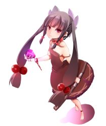 Rule 34 | 1girl, anklet, bad id, bad twitter id, barefoot, black dress, black hair, blood, bracelet, collar, dress, hair bobbles, hair ornament, highres, holding, jewelry, original, red eyes, solo, standing, stick, strap slip, twintails, uni mate, white background