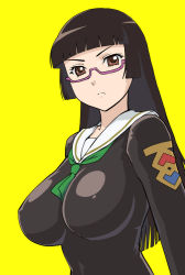 Rule 34 | 1girl, annoyed, black hair, breasts, brown eyes, chiaki kurihara, glasses, hime cut, impossible clothes, impossible shirt, large breasts, looking at viewer, miniskirt pirates, pout, school uniform, shirt, simple background, ueyama michirou, yellow background