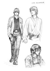 Rule 34 | 1boy, animification, belt, boots, character name, greyscale, haruichi (haruichithm), helmet, highres, jacket, looking to the side, luke skywalker, male focus, monochrome, multiple views, parted lips, pilot suit, rebel alliance logo, rebel pilot, robe, science fiction, shirt tucked in, sketch, star wars, upper body, walking, white background