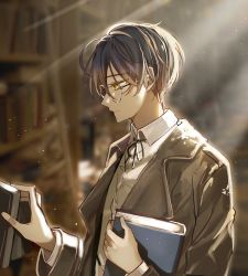 Rule 34 | 1boy, absurdres, black hair, black ribbon, blurry, blurry background, book, bookshelf, brown coat, closed mouth, coat, collared shirt, commentary request, depth of field, dress shirt, eeleng, eyes visible through hair, from side, glasses, half-closed eyes, highres, holding, holding book, korean commentary, light particles, light rays, long sleeves, male focus, neck ribbon, original, profile, ribbon, round eyewear, shirt, solo, sunbeam, sunlight, upper body, white shirt, yellow eyes