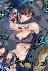 Rule 34 | 1girl, alice (sinoalice), asymmetrical gloves, bandages, bandages, black hair, blood, blood on face, blood splatter, bloody bandages, bow, breasts, cleavage, covered mouth, crop top, elbow gloves, fighting stance, fur-trimmed skirt, fur trim, gloves, hair bow, highres, legband, ljayu, looking at viewer, navel, red eyes, scarf, short hair, sinoalice, skirt, smoke, solo, tail, torn clothes, wolf tail