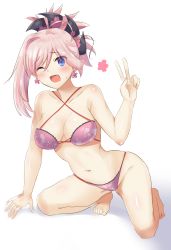 Rule 34 | 1girl, absurdres, all fours, barefoot, bikini, blue eyes, breasts, cleavage, earrings, fate/grand order, fate (series), floral print, hair ornament, highres, jewelry, kneeling, looking at viewer, medium breasts, miyamoto musashi (fate), one eye closed, open mouth, pink bikini, pink hair, ponytail, samoore, simple background, smile, solo, swimsuit, v, white background