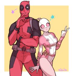 Rule 34 | 1boy, 1girl, artist name, belt, black bodysuit, bodysuit, border, breasts, brown belt, closed mouth, covered collarbone, deadpool, deadpool (series), gwenpool, hand up, highres, marvel, mask, medium breasts, muscular, muscular male, outside border, pectorals, pink bodysuit, pocket, red bodysuit, simple background, standing, star (symbol), sushi pizza rrr, two-tone bodysuit, v, white bodysuit, white border, white mask, yellow background