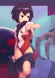 Rule 34 | 1girl, absurdres, artist request, black hair, brown eyes, cameltoe, character name, clothes in mouth, clothes lift, clothes pull, commentary request, covered navel, dongfang xian gua chaomian, flat chest, highres, innertube, marvel, mecha, mouth hold, one-piece swimsuit, peni parker, pixiv id, plaid, plaid skirt, red one-piece swimsuit, robot, school swimsuit, shirt in mouth, shirt lift, short hair, skirt, skirt pull, sp//dr, spider-man: into the spider-verse, spider-man (series), spider-verse, swim ring, swimsuit, swimsuit under clothes, undressing